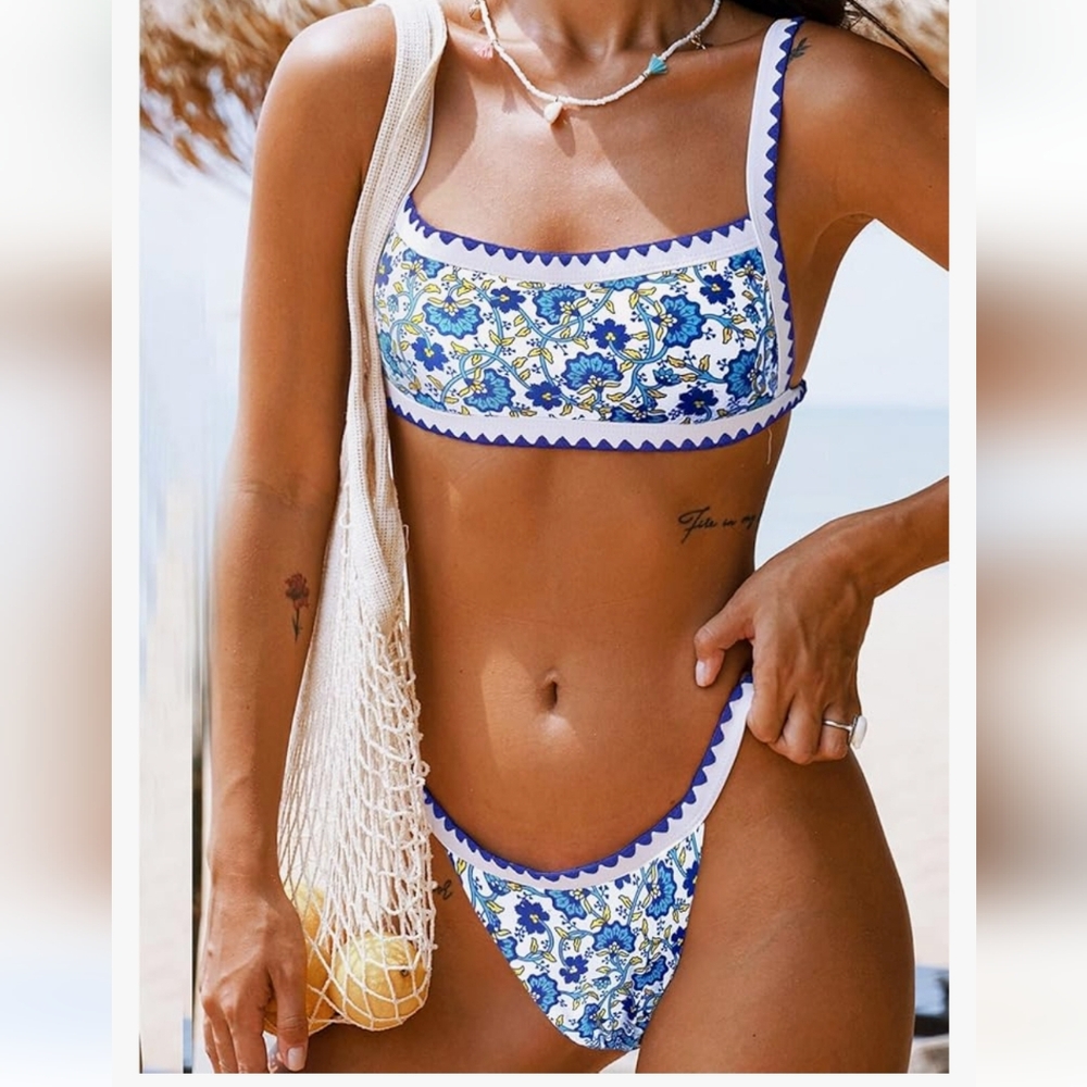 Sexy Thong Bikini Ditsy Floral Color Blue/white sz S - Picture 2 of 8